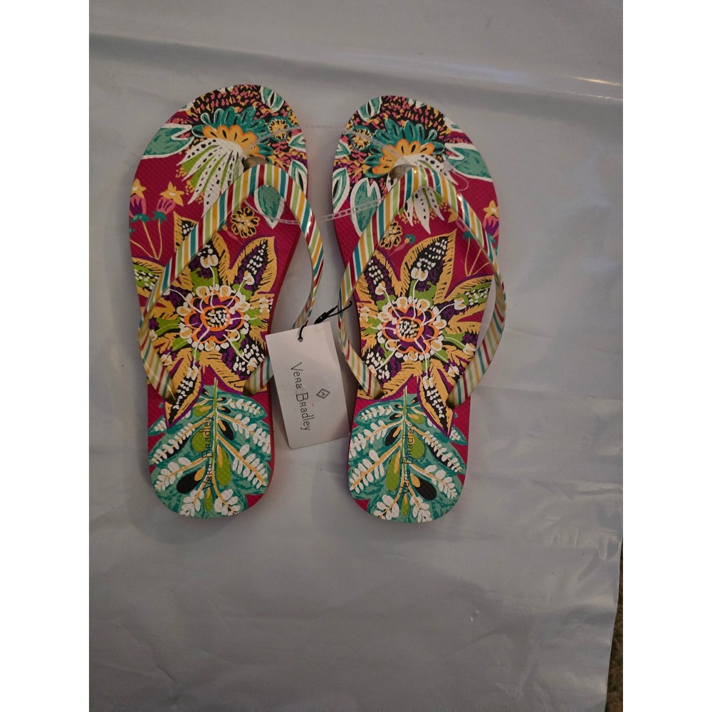 Vera Bradley Rumba Flip Flops Floral Tropical Pink Multi Striped Straps Size 8